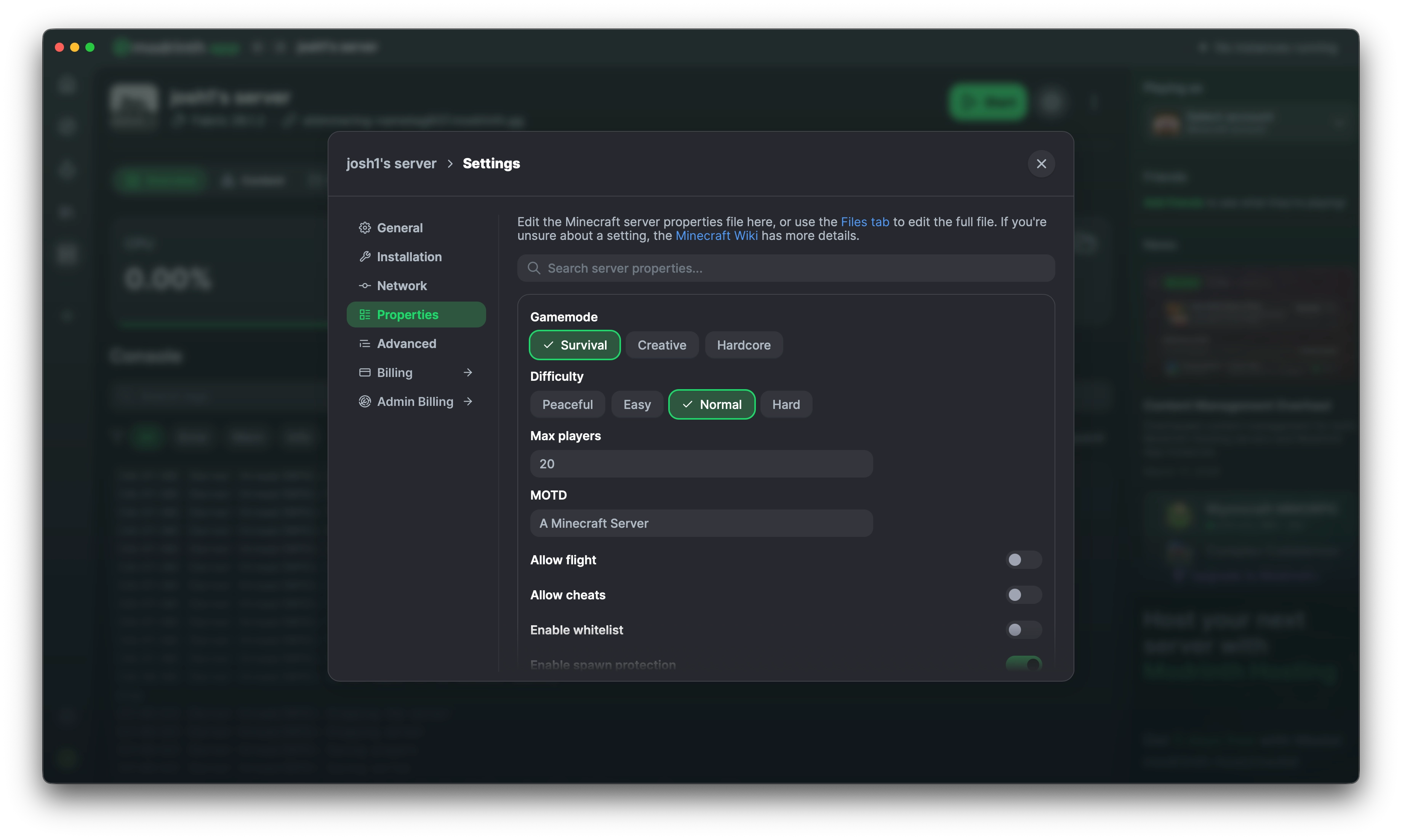 A screenshot of the new server settings pop-up
